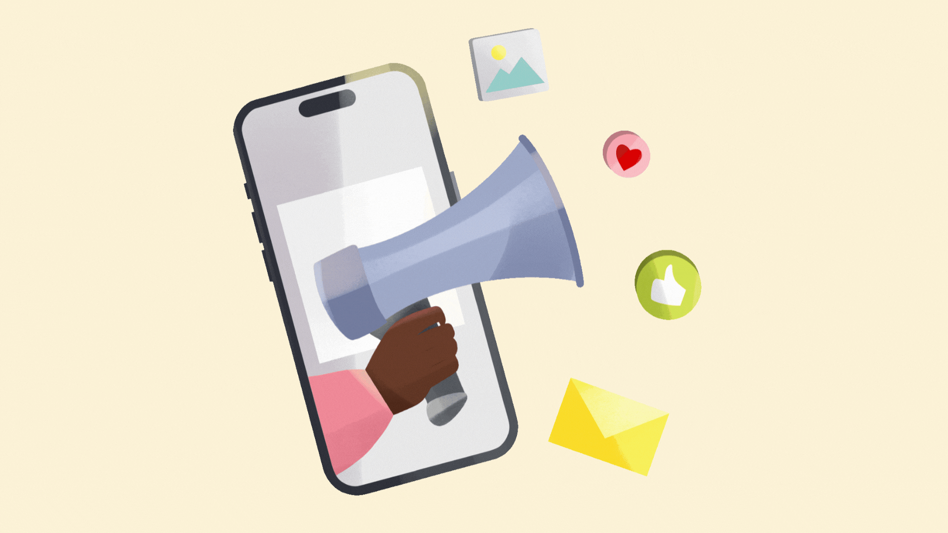 Digital marketing illustration with a smartphone, megaphone, social media icons, and marketing elements
